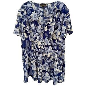 Lane Bryant Faux Wrap Career Blouse Floral Top Flutter Sleeve Elastic Waist 18